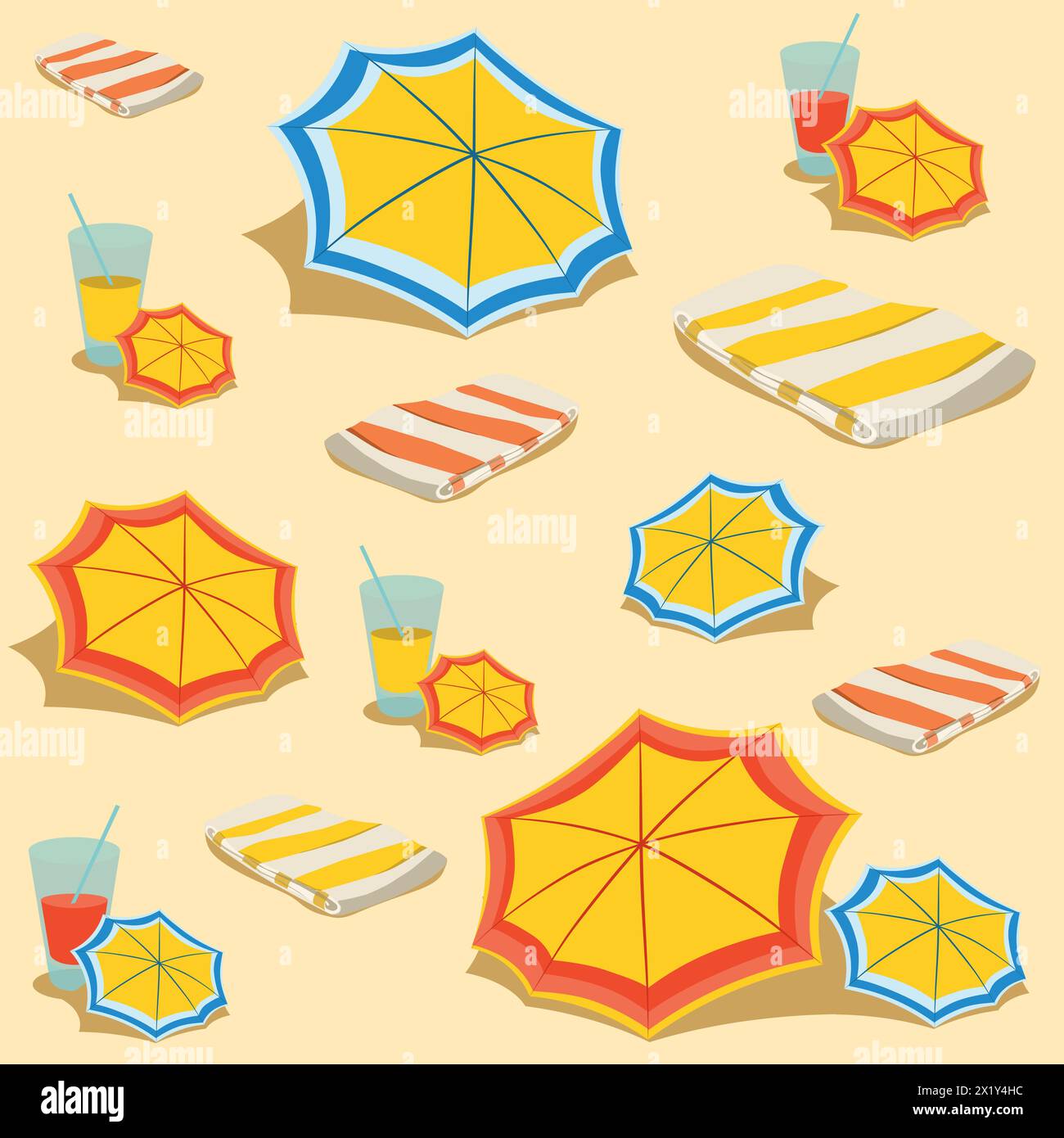 Motif de plage sans couture. Parasol et serviette avec boisson dans le verre sur le sable. Style plat. Fond d'été. Illustration vectorielle Illustration de Vecteur