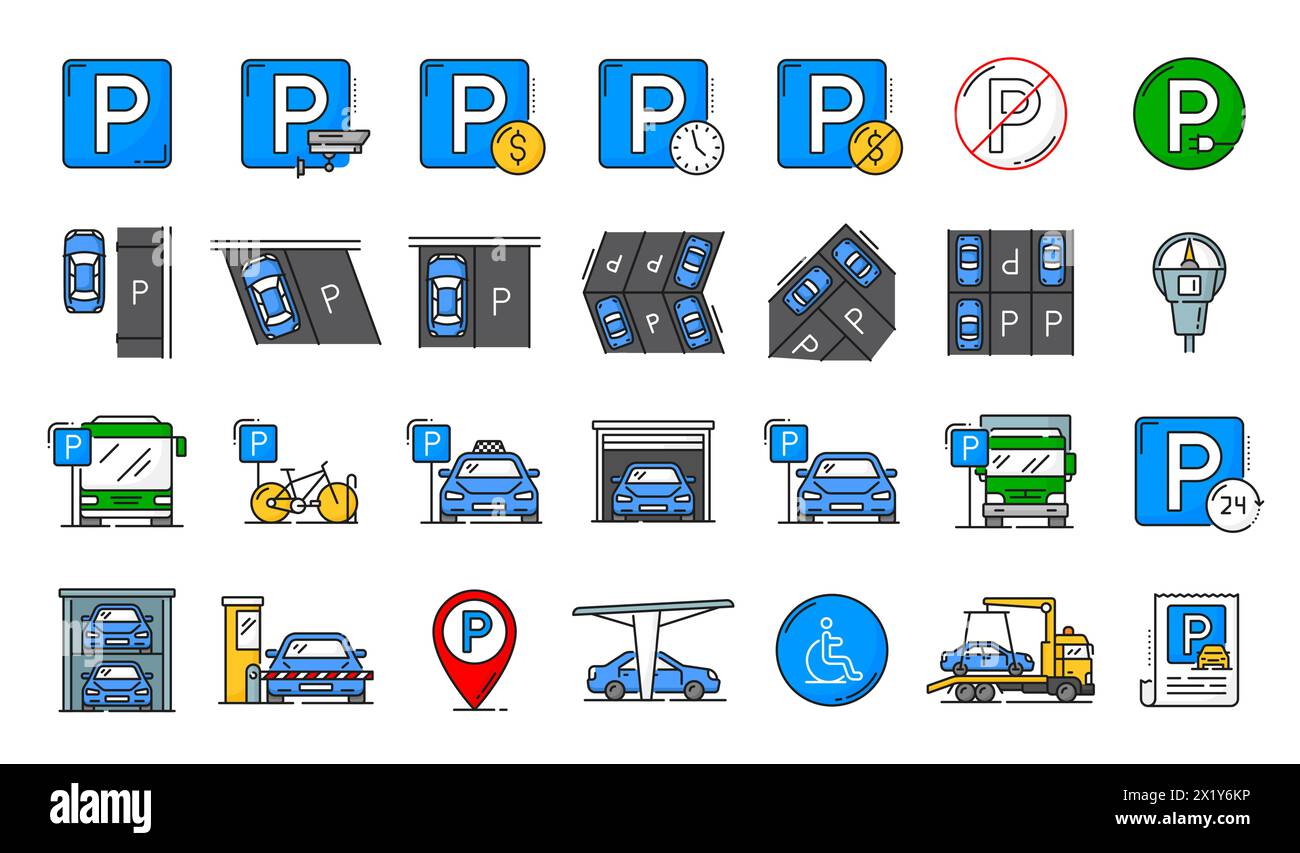 Icônes de service de garage automatique et de ligne de stationnement. Icône de ligne de service de garage automobile, zone de parking ou symbole de vecteur de contour de zone de stationnement public de transport avec taxi, vélo et camion, signes de remorquage Illustration de Vecteur