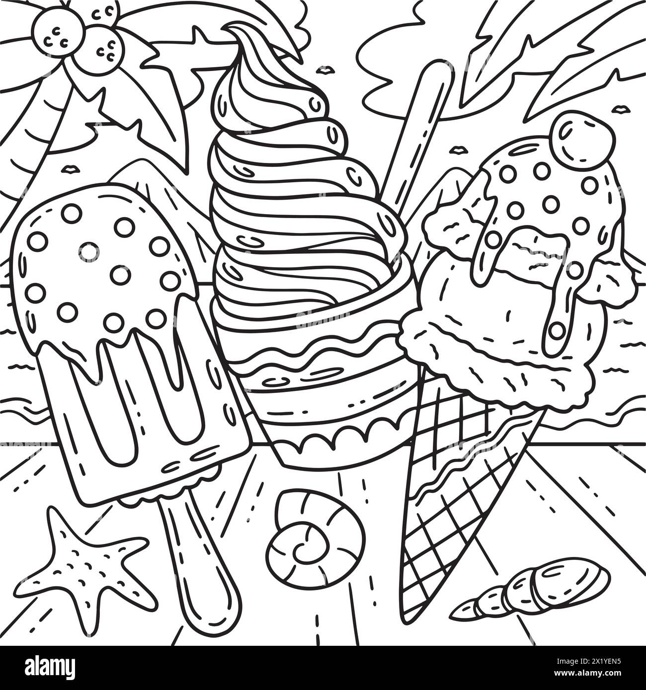 Double cuillère de crème glacée et page de coloration Popsicle Illustration de Vecteur