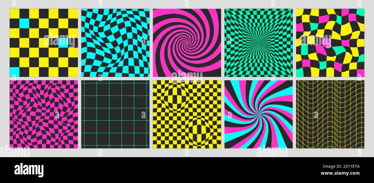 Fonds carrés en damier psychédélique acide avec carreaux de grille déformés, spirale et tourbillons. Motifs géométriques sans couture à carreaux dans le style groovy y2k. Couvertures d'échiquier déformées avec effet de distorsion Illustration de Vecteur