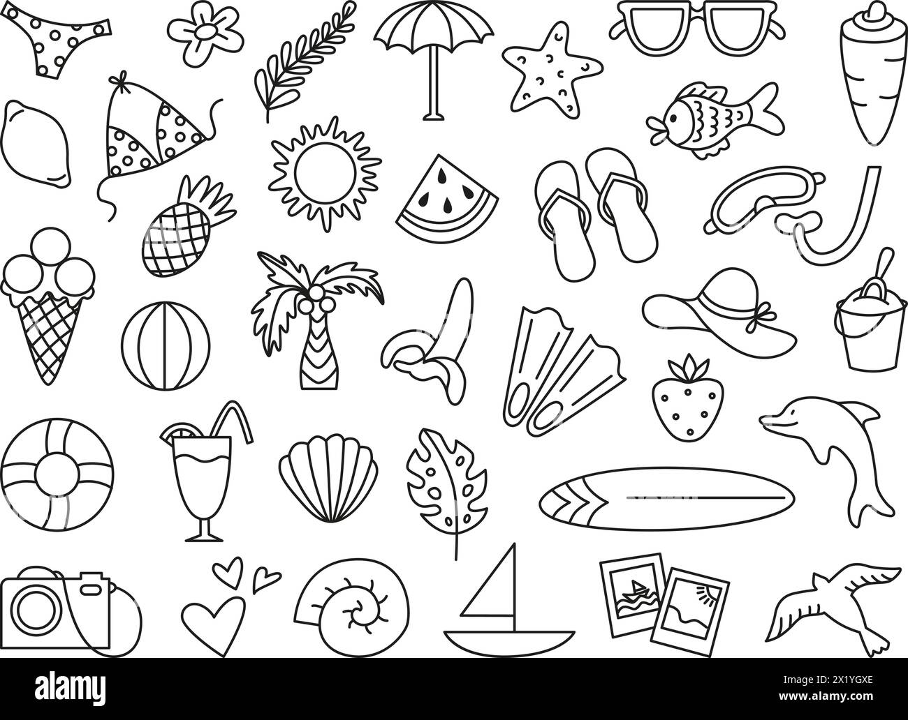 Griffonner les icônes estivales. Eléments linéaires dessinés à la main pour la saison estivale. Vacances à la plage ou voyage, palmier, cocktail, fruits. Ensemble de vecteurs néotériques de tourisme Illustration de Vecteur