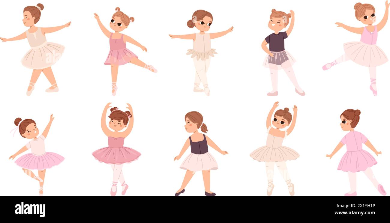 Danseuse de ballet fille. Petites filles dansant dans la jupe tutu, dessin animé isolé de petits personnages mignons. Leçon de danse classique en classe, hobby Snugly vecteur Illustration de Vecteur