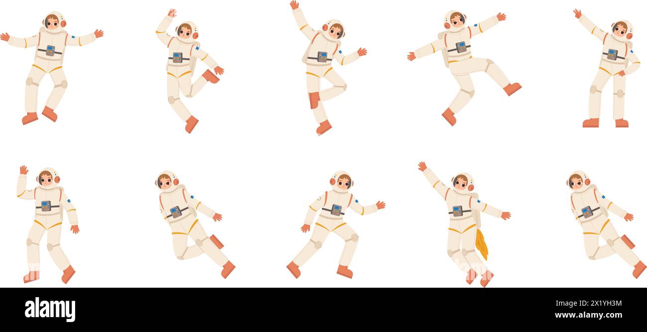 Astronautes dansants. Voler et flotter dans l'air cosmonautes dans des combinaisons spatiales et des casques. Danseurs Spacemen, personnages vectoriels de fête électro Illustration de Vecteur