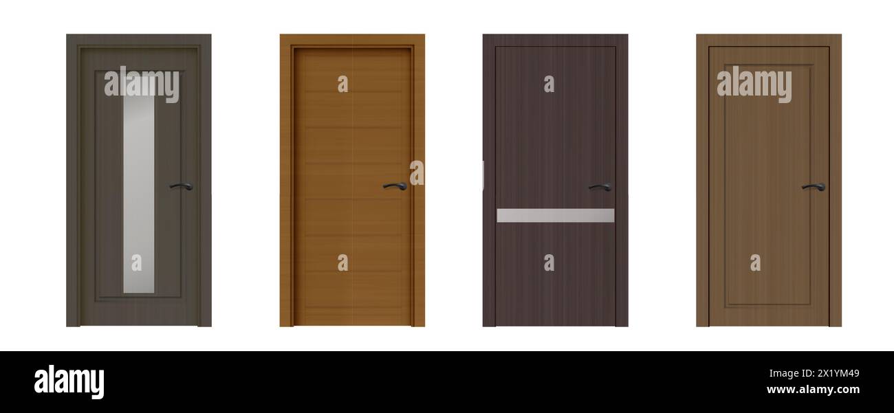 Ensemble de portes en bois fermées isolées sur fond blanc. Illustration réaliste vectorielle de porte moderne avec texture en bois brun foncé, décoration en verre, poignée de porte en métal noir, élément de design d'intérieur Illustration de Vecteur
