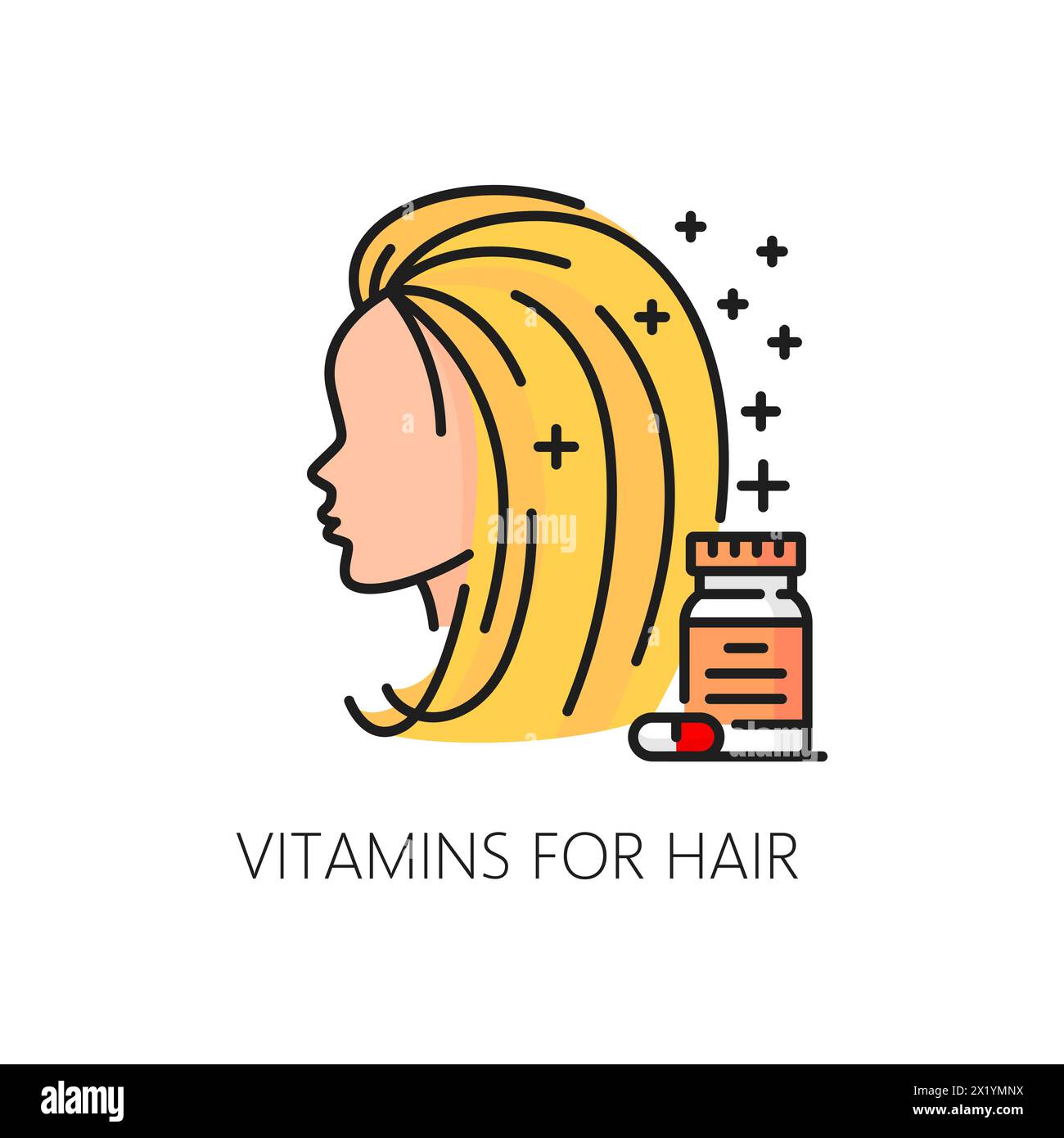 Icône de ligne de couleur de vitamines de soin des cheveux pour le traitement de beauté des cheveux et la nutrition, vecteur de contour. Femme tête et icône vitamines pour cheveux secs, perte de cheveux ou traitement pelliculaire pour follicules sains et croissance Illustration de Vecteur