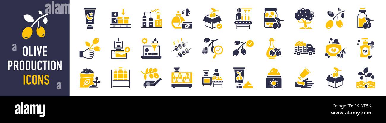 Jeu d'icônes de production d'olives. Tels que crème, lavage, réservoir d'huile, branche, récolte, presse machine, pot, usine, filtre, contrôle de qualité, savon, shampoing. Illustration de Vecteur