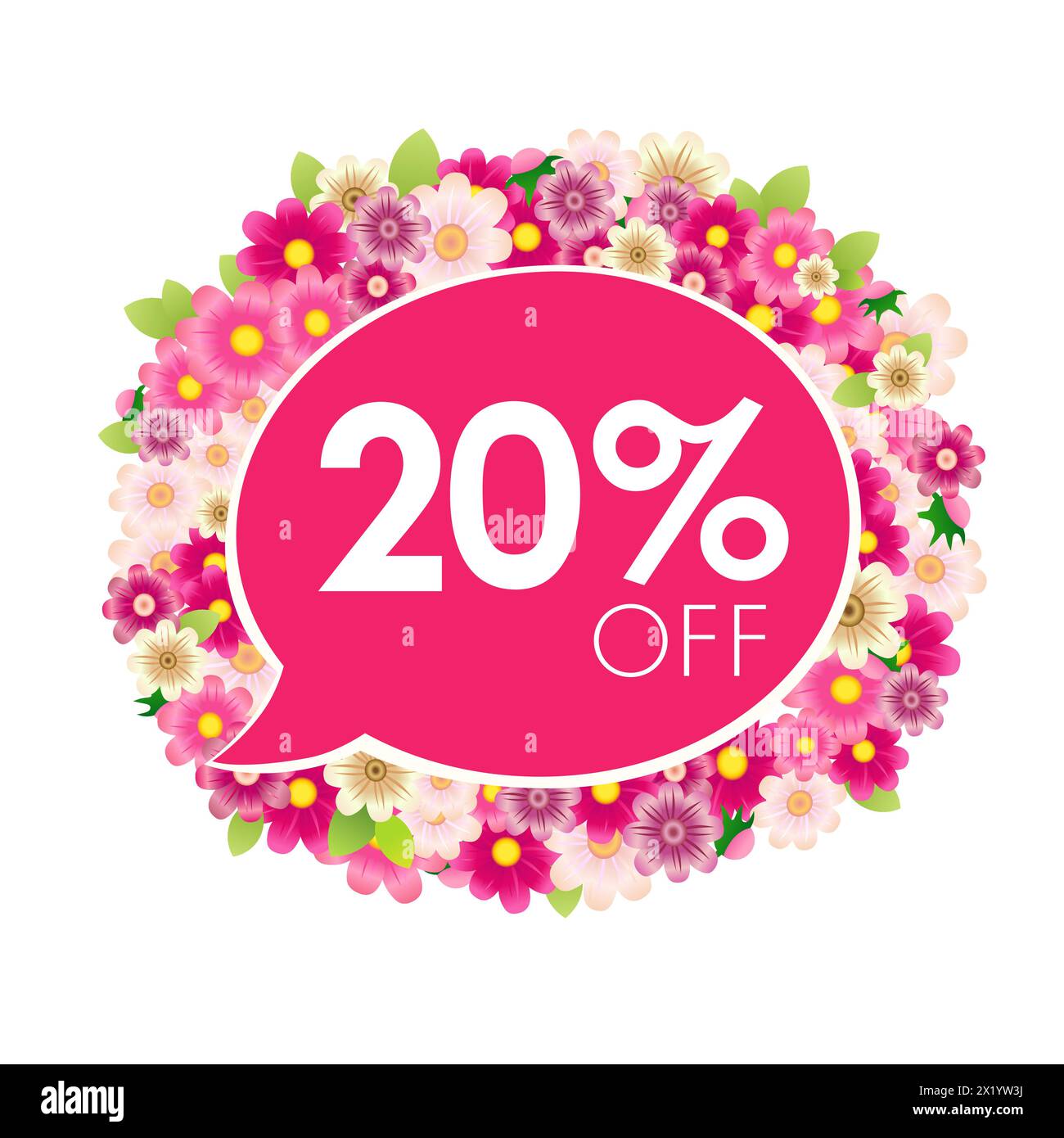 Étiquette florale publicitaire créative. Jusqu'à 20 % de réduction sur le coupon. Bannière de vente saisonnière. Icône Web offre spéciale. Bouton rose. Modèle de carte-cadeau Illustration de Vecteur