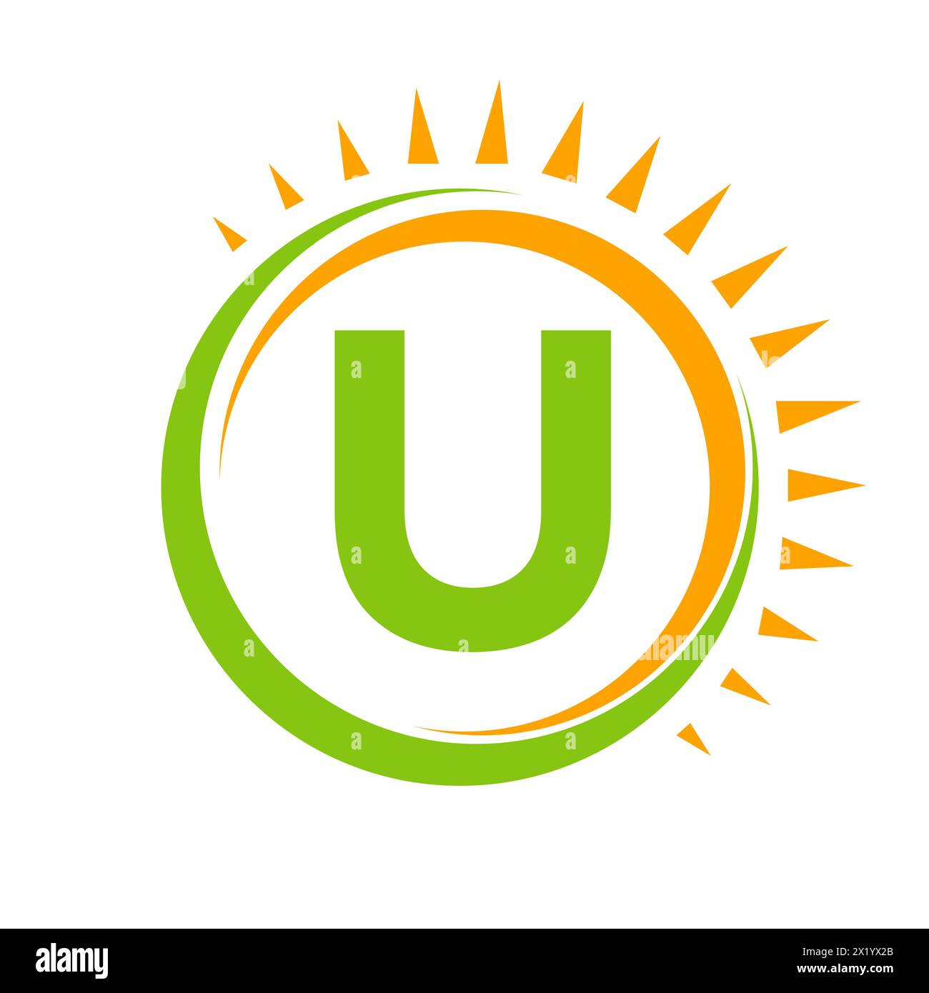 Logo solaire sur lettre U concept avec icône Soleil. Symbole du système solaire Illustration de Vecteur