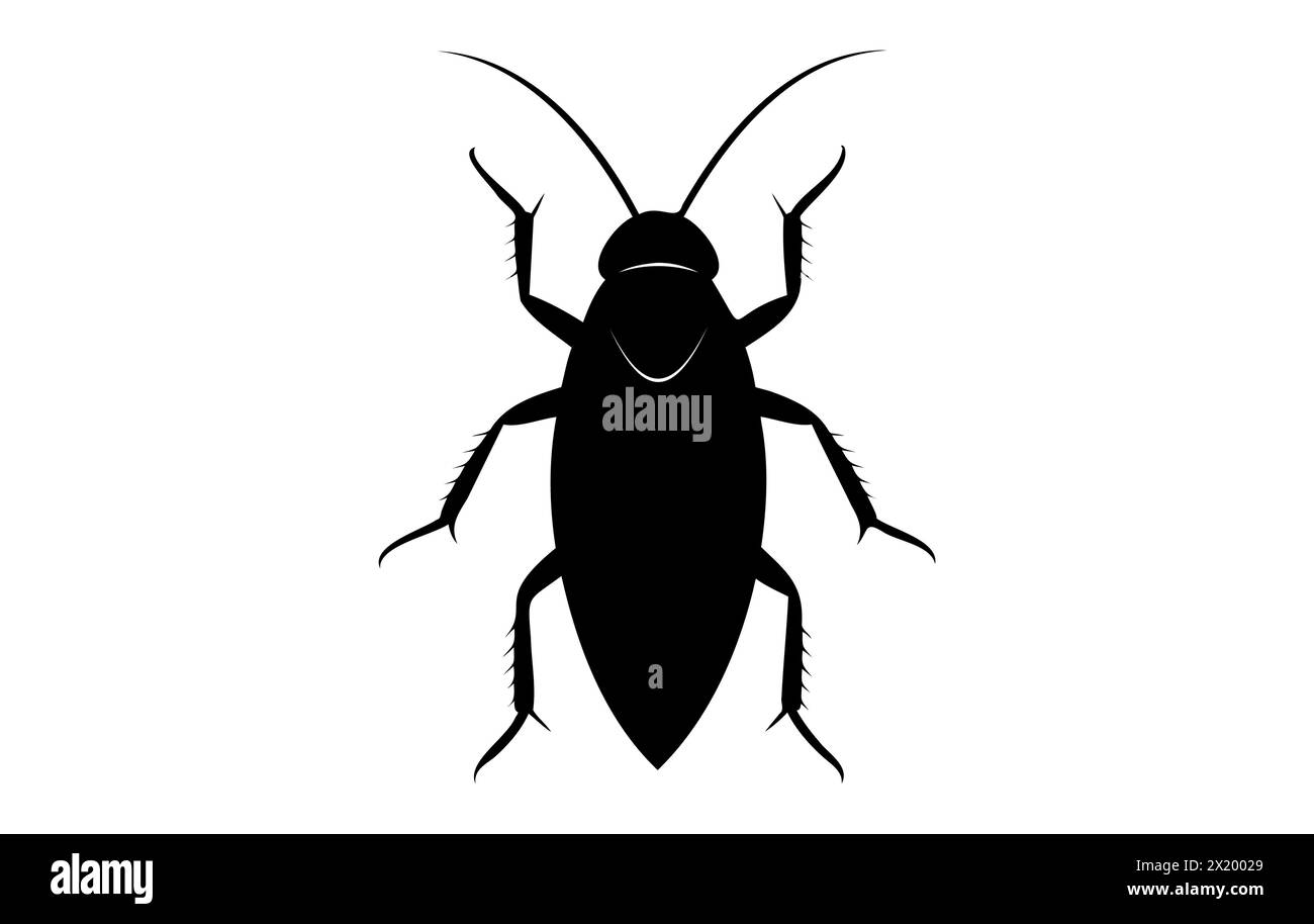 Silhouette noire d'un cafard isolé sur fond blanc. Illustration vectorielle. Vue de dessus. Concept de lutte antiparasitaire et d'infestation pour la conception, l'impression et Illustration de Vecteur