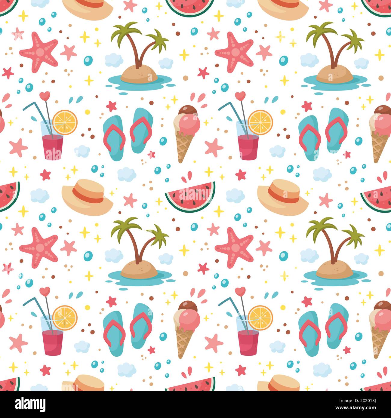 Motif été sans couture. Vacances à la plage. Tissu d'été. Texture vacances à la plage. Style de dessin animé, illustration vectorielle de partie de plage. Conception plate. Concept de vacances à la mer d'été Illustration de Vecteur