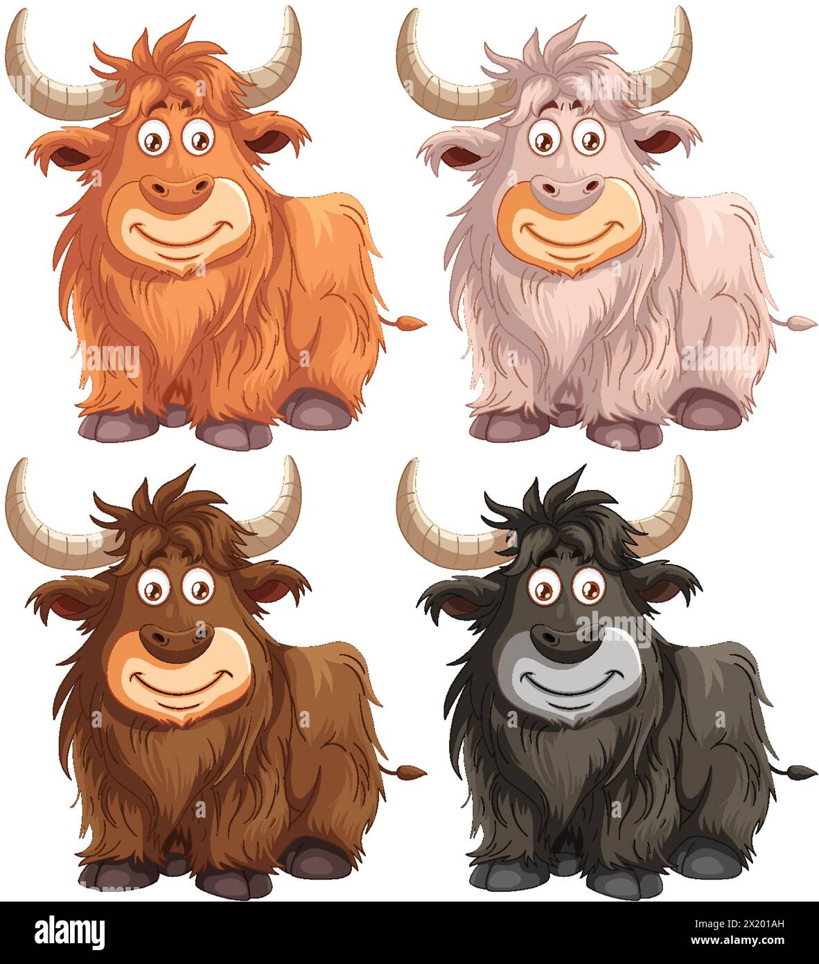Quatre dessins animés joyeux de bétail des Highlands. Illustration de Vecteur