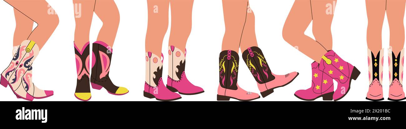 Jambes en bottes de cow-boy. Jambe de cowgirl, la mode les jeunes femmes portent des chaussures de style Wild West. WESTERN et texas, accessoires à la mode de dessin animé décent ensemble de vecteur Illustration de Vecteur