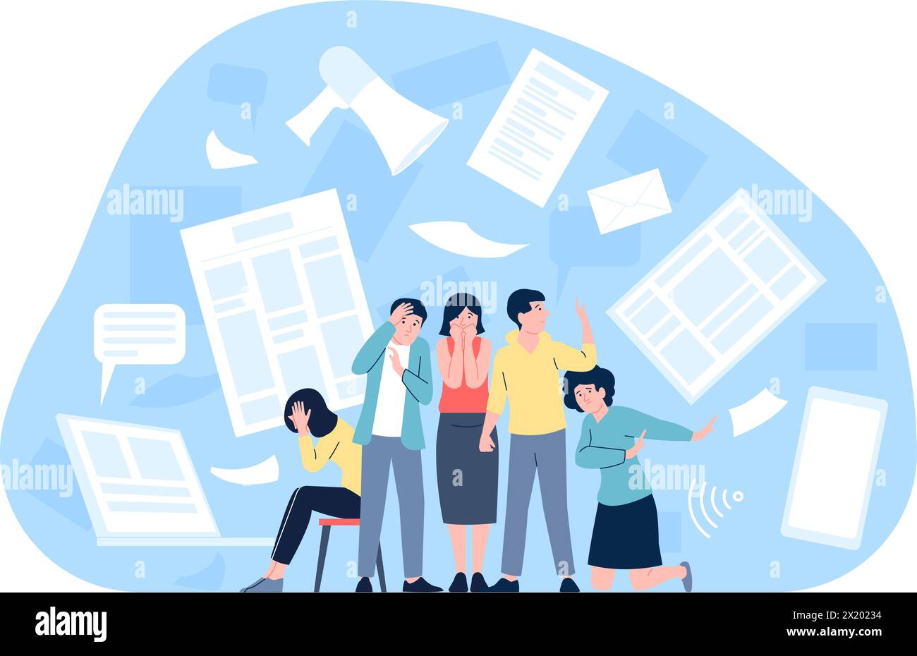 Info concept de bruit. Fausses nouvelles et informations. Arrêtez la désinformation, le spam et la publicité. Les gens se regroupent dans horrible, oreilles de couverture, scène vectorielle récente Illustration de Vecteur