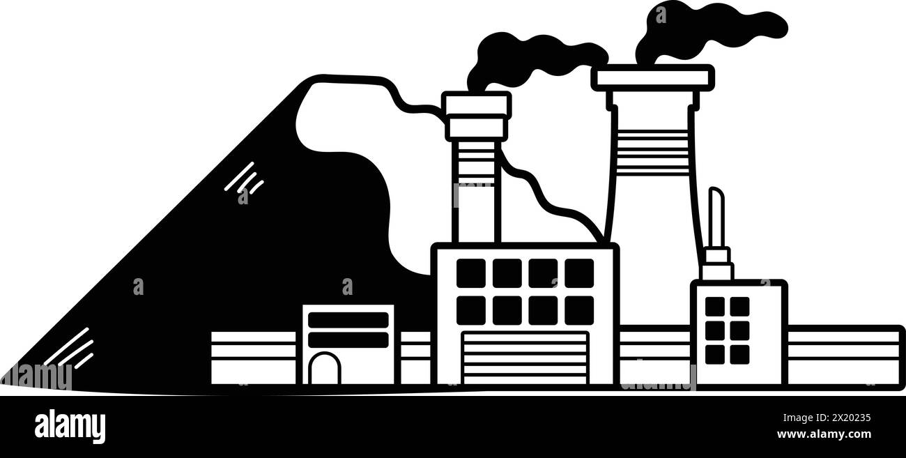 Une grande usine avec de la fumée sortant du haut. Le bâtiment est noir et blanc Illustration de Vecteur