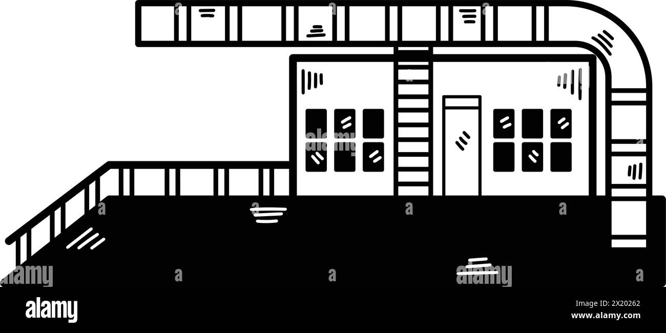 Une grande usine avec de la fumée sortant du haut. Le bâtiment est noir et blanc Illustration de Vecteur