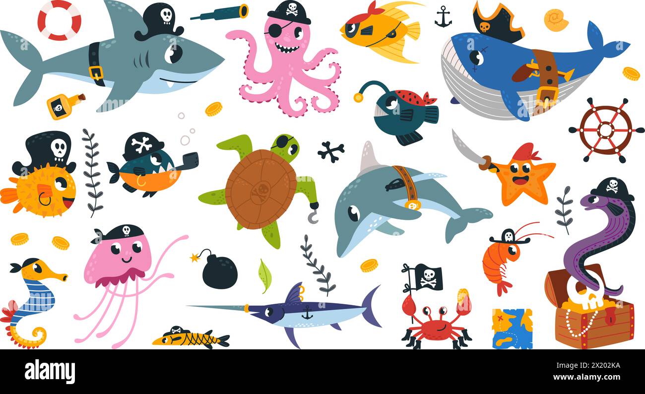 Animaux marins pirates. Aventures sous-marines personnages avec des éléments pirates. Requin drôle et poulpe, méduse et hippocampe, ensemble vectoriel chic Illustration de Vecteur
