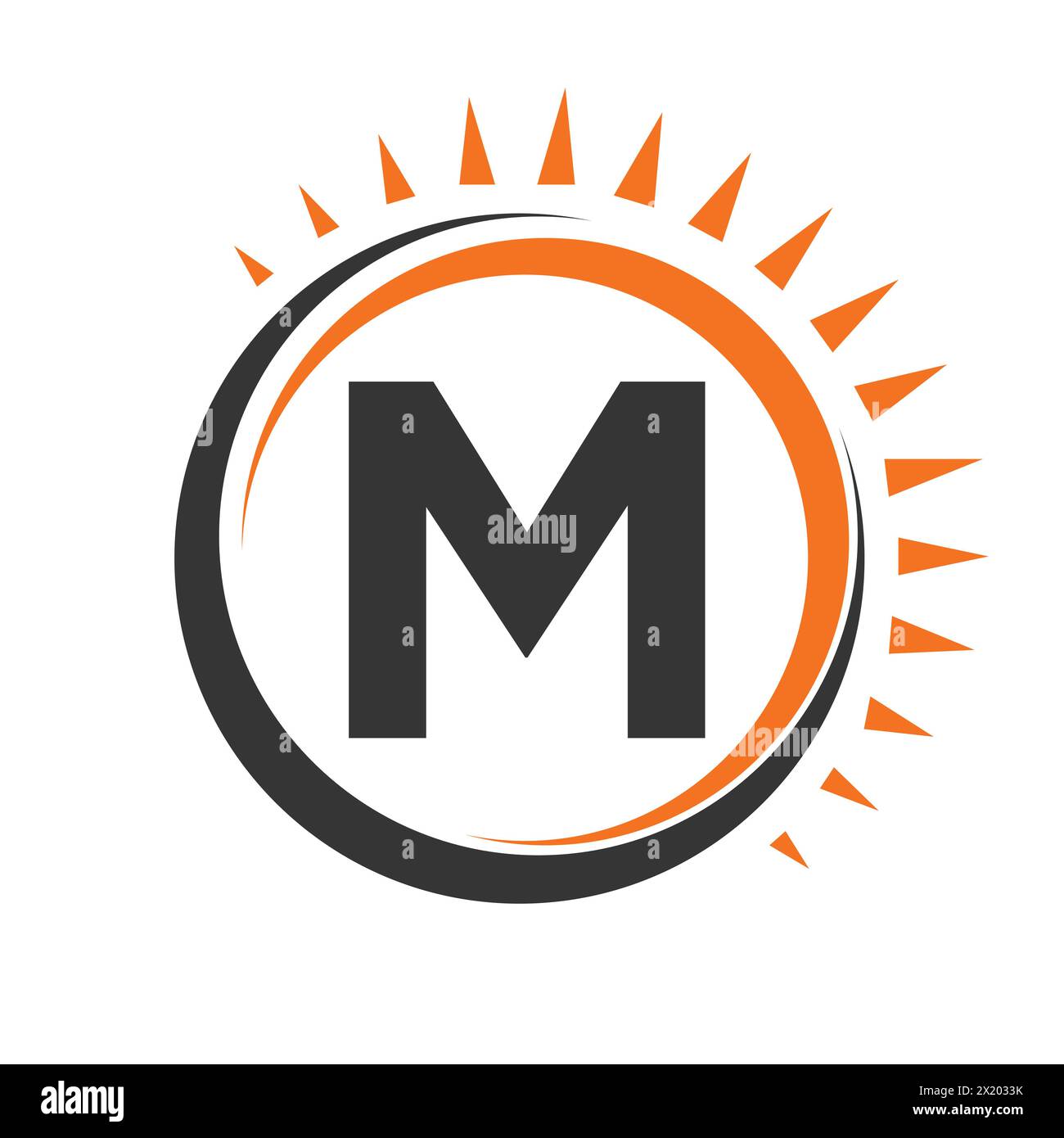 Logo solaire sur lettre M concept avec icône Soleil. Symbole du système solaire Illustration de Vecteur