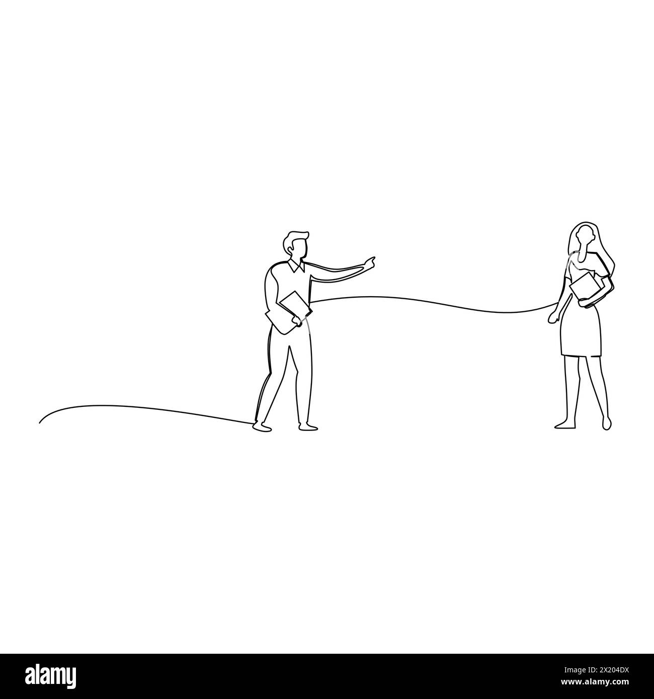 Homme d'affaires porte un document demandant de l'aide à son collègue. Communication efficace dans le concept d'entreprise. Dessin au trait continu simple Illustration de Vecteur