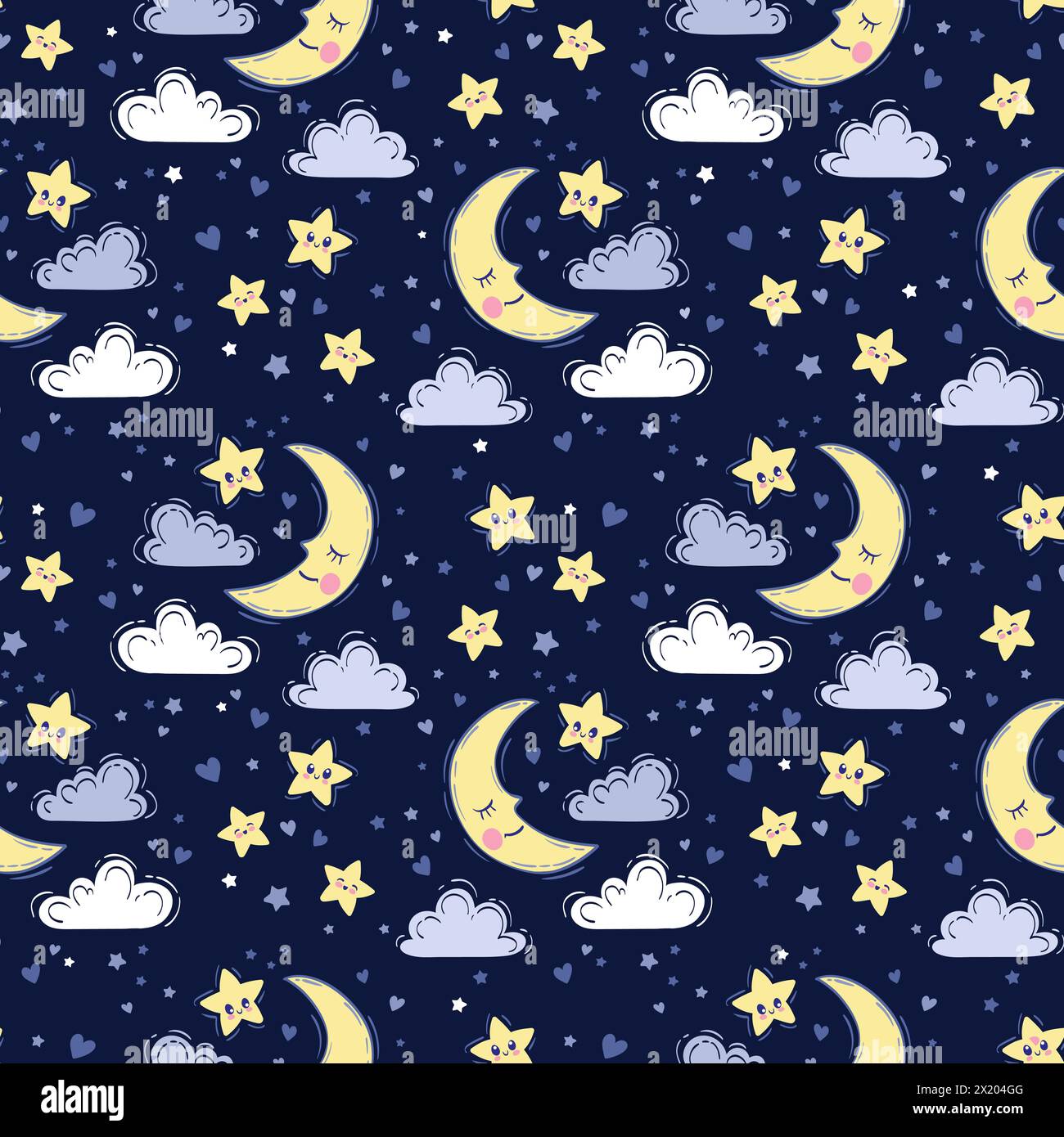 Motif sans couture dessiné à la main de vecteur. Fond mignon avec lune souriante endormie, étoiles, nuages. Ciel nocturne, imprimé bébé dans des couleurs bleu foncé Illustration de Vecteur