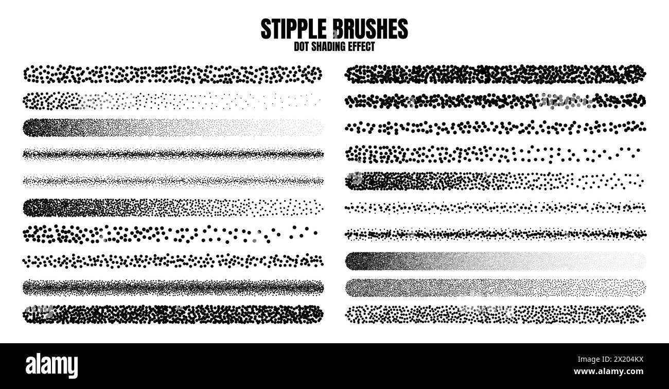 Pinceau dispersé à stipple, dessin à l'encre et texturation. Dégradé de fondu. Pointillés, dessin dotwork, ombrage à l'aide de points. Effet de désintégration des demi-tons Illustration de Vecteur