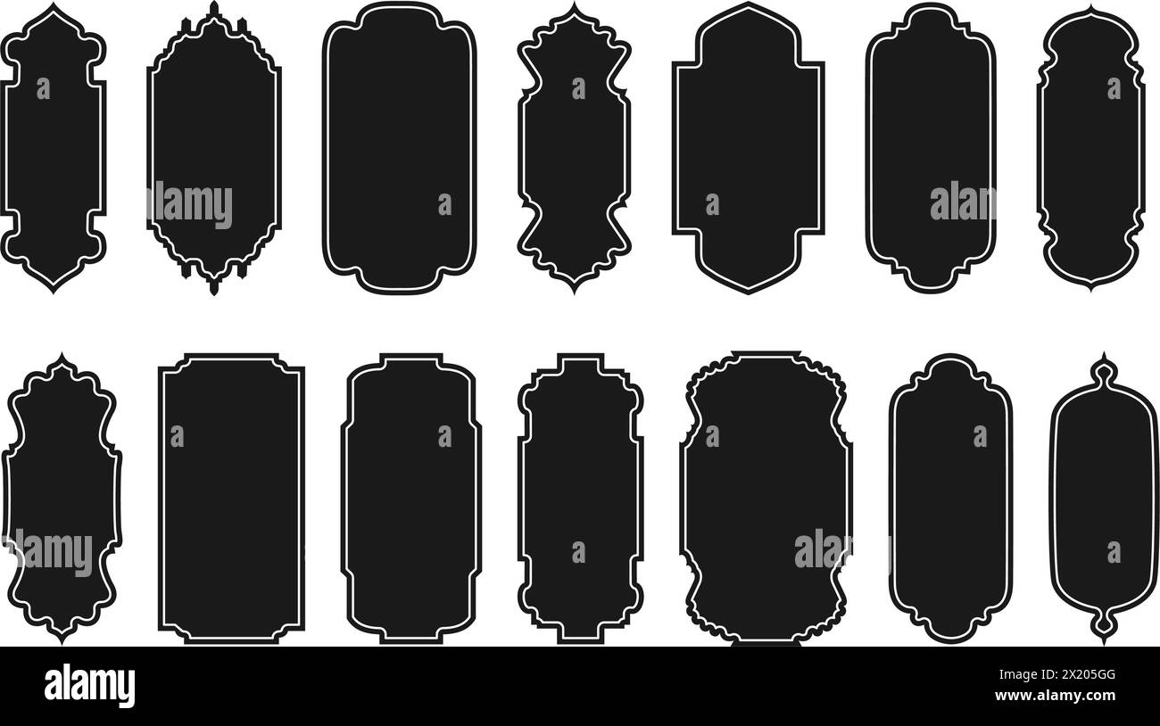 Cadres arabes et bordure, zone de texte. Ensemble d'étiquettes islamiques. Forme rétro vierge de badge, étiquette de vente de rabais, insigne, autocollant de prix. Collection de dif Illustration de Vecteur