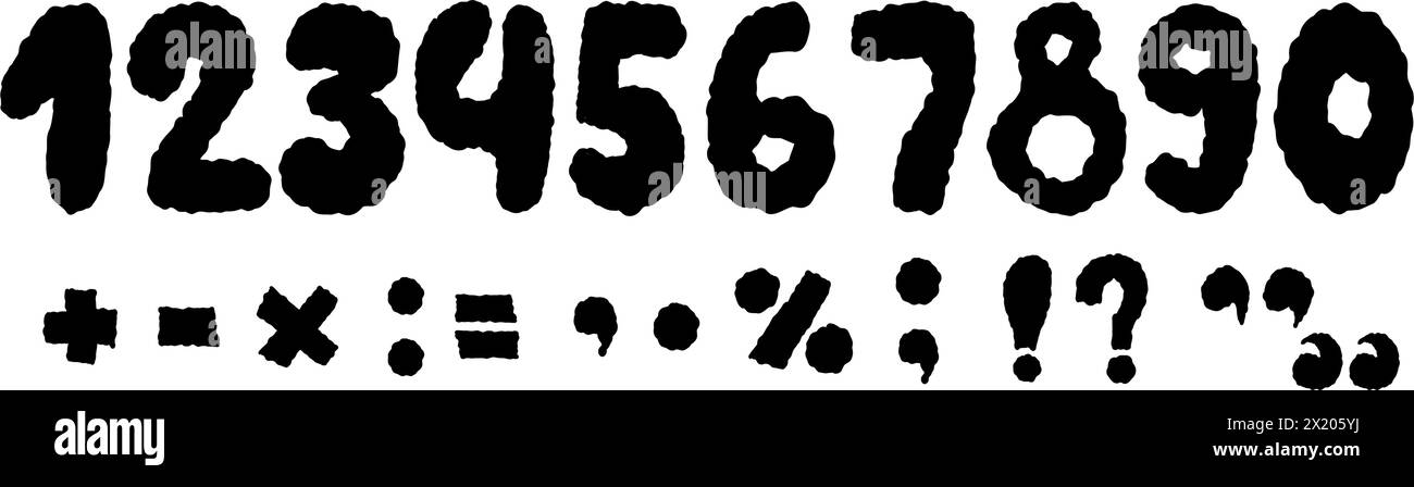Nombres texturés à la craie, symboles mathématiques et signes de ponctuation. Illustration vectorielle. Griffonnages isolés dessinés à la main pour la conception et la décoration Illustration de Vecteur