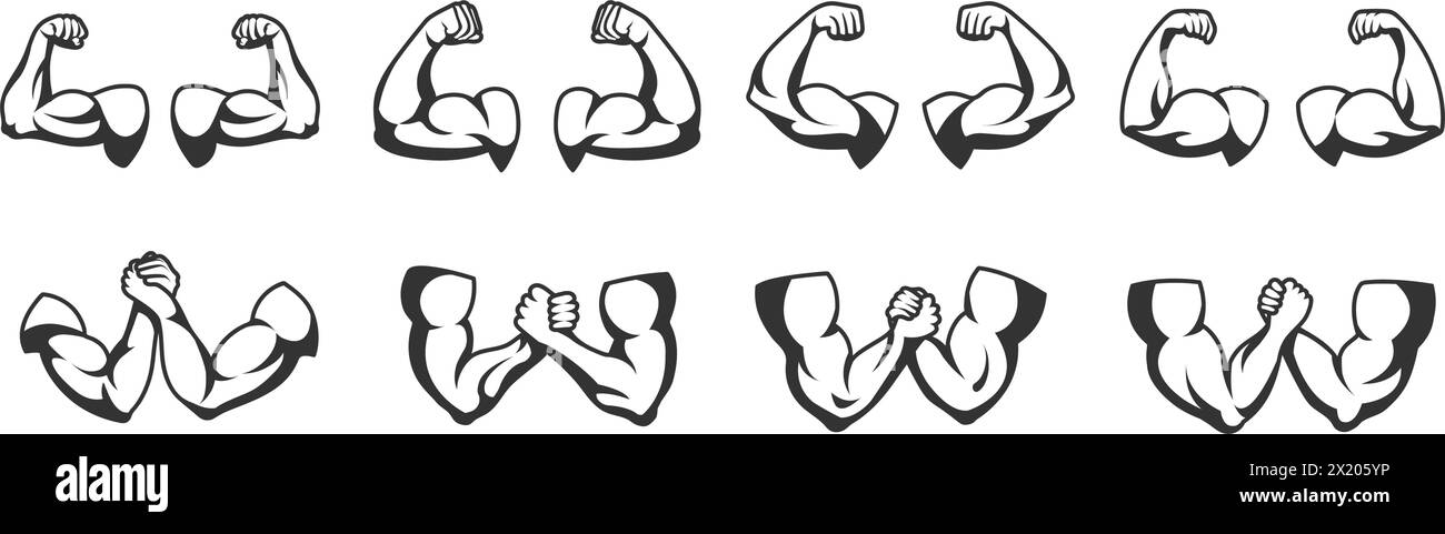 Muscles forts des bras. Bras musclés, biceps fléchissants et illustration vectorielle de dessin animé de pochoir de fitness ou de gymnastique ensemble de logo de bras de force musculaire pour col de gymnastique Illustration de Vecteur