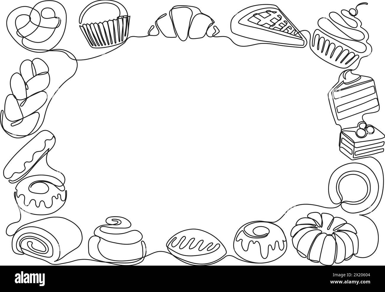 Cadre de boulangerie sucrée d'une ligne. Produits de boulangerie et desserts pour la bordure de menu, carte de recette ou illustration vectorielle à thème culinaire de la conception de gâteau sucré de boulangerie, Illustration de Vecteur