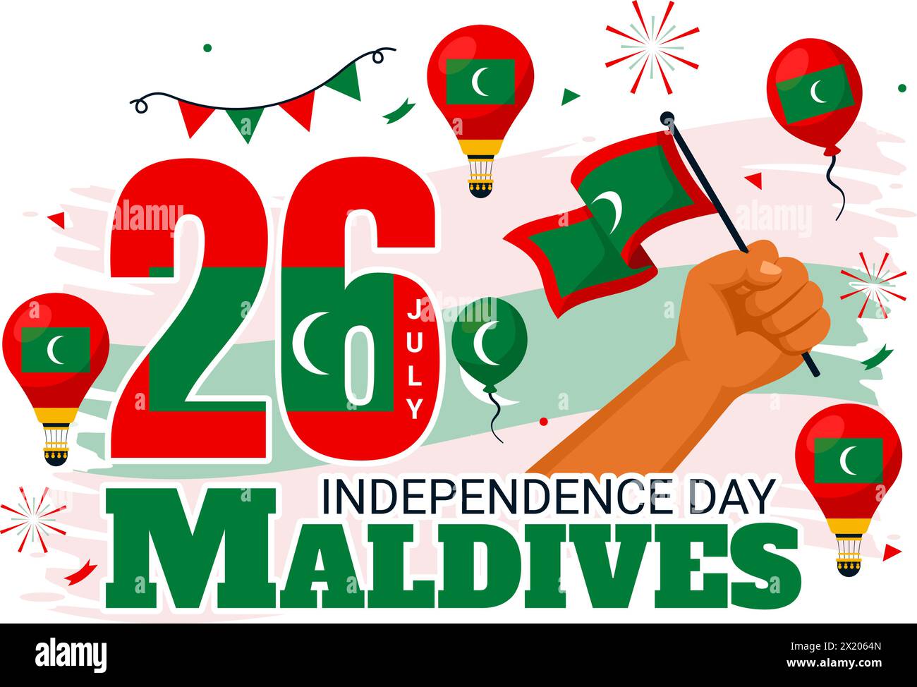 Joyeuse illustration vectorielle du jour de l'indépendance des Maldives le 26 juillet avec le drapeau ondulé maldivien et le ruban dans la conception de fond de dessin animé plat Illustration de Vecteur