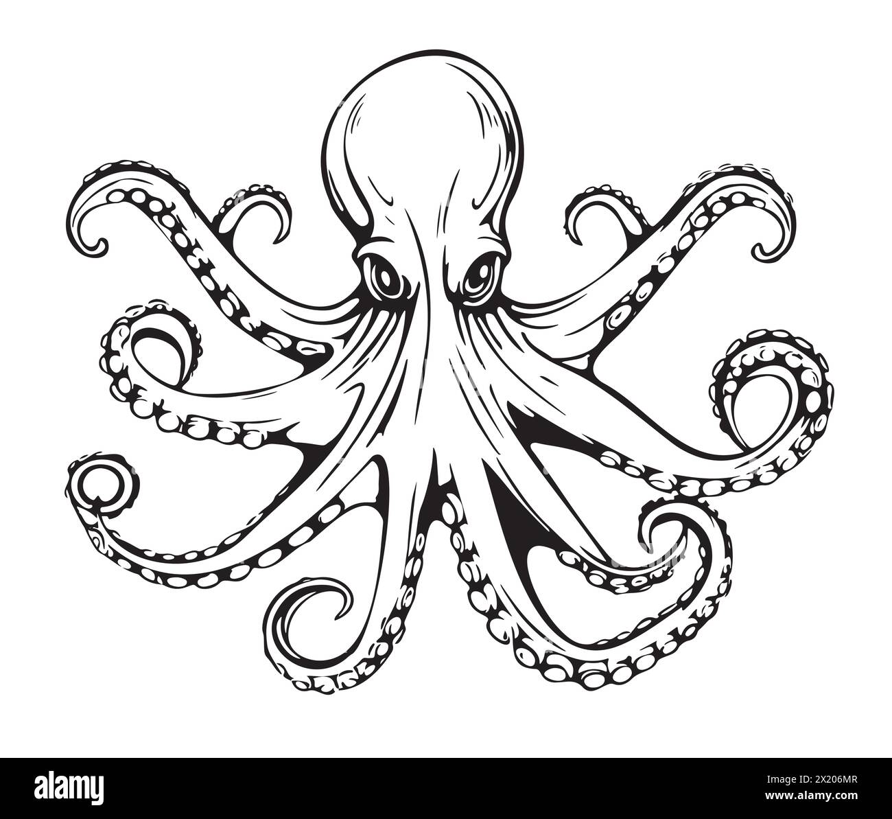 Un dessin détaillé en noir et blanc d'une pieuvre géante du Pacifique, un invertébré marin appartenant à la classe des céphalopodes. La mise en plan présente une symétrie complexe et une composition circulaire Illustration de Vecteur