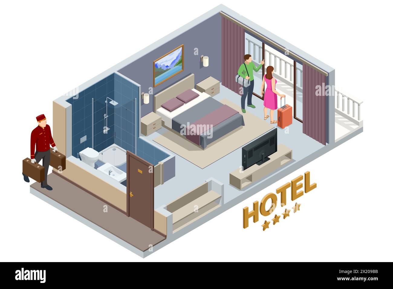 Homme avec valise dans l'illustration isométrique de la chambre d'hôtel Illustration de Vecteur