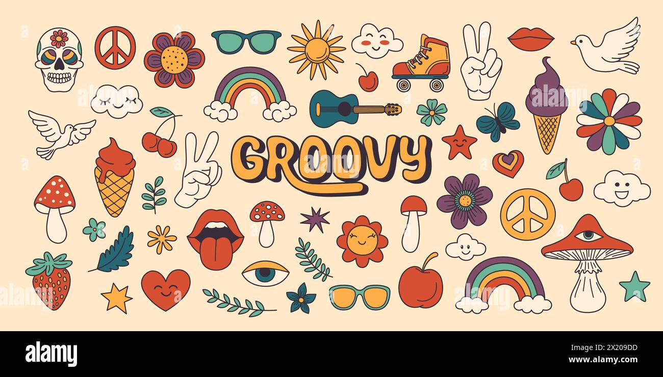 Icônes Vintage Groovy vectorielles et éléments de conception pour affiche, Sticker Design. Symbole rétro dans le style hippie des années 70, champignon psychédélique, fleurs, oeil, anti Illustration de Vecteur Icônes Vintage Groovy vectorielles et éléments de conception pour affiche, Sticker Design. Symbole rétro dans le style hippie des années 70, champignon psychédélique, fleurs, oeil, anti Illustration de Vecteur