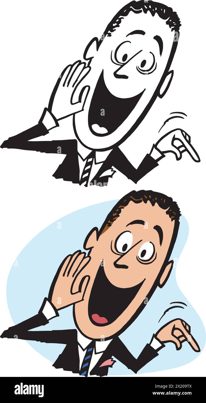 Un dessin animé rétro vintage d'un homme d'affaires excité pointant vers quelque chose d'intéressant. Illustration de Vecteur