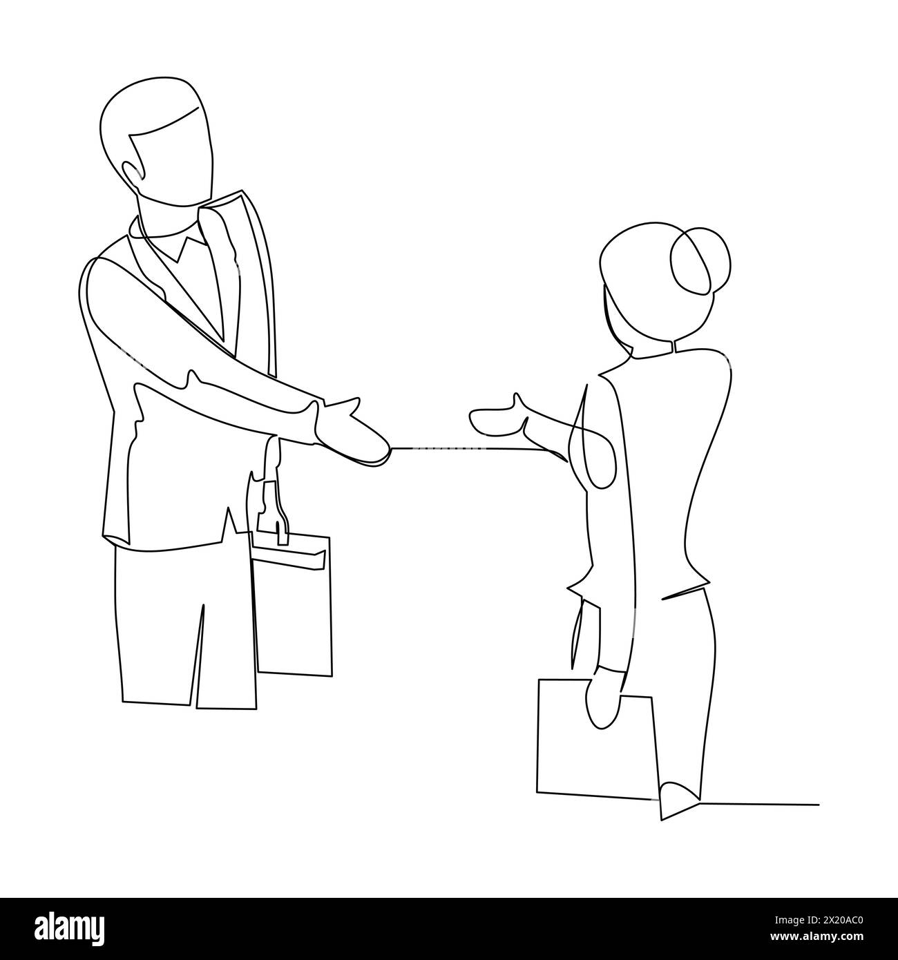 Homme d'affaires et femme d'affaires serrant la main. Communication efficace dans le concept d'entreprise. Illustration vectorielle de dessin de ligne continue simple Illustration de Vecteur