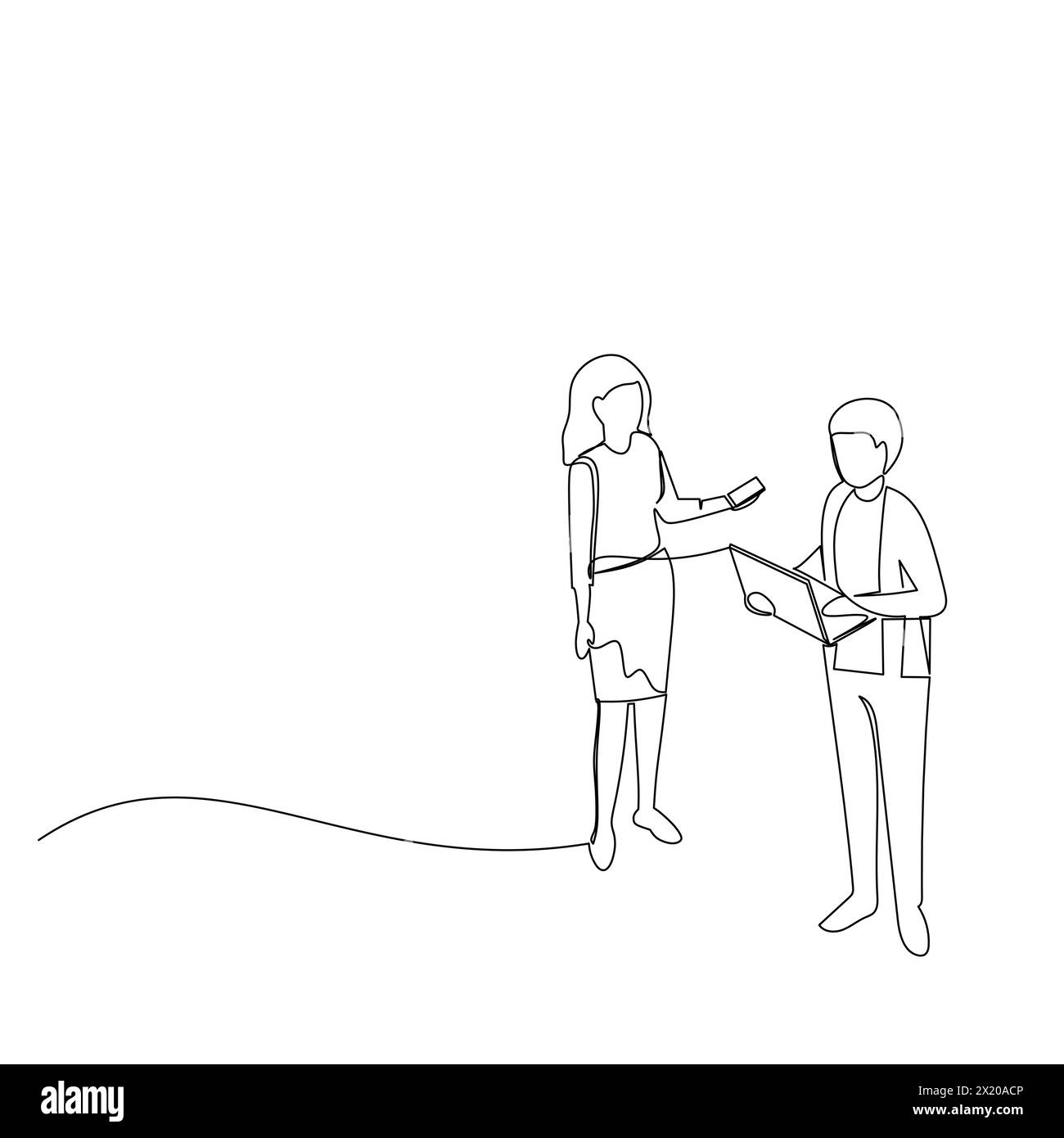 Femme d'affaires et homme d'affaires avec un ordinateur portable ayant une conversation. Communication efficace dans le concept d'entreprise. Vecteur de dessin de ligne continue simple Illustration de Vecteur