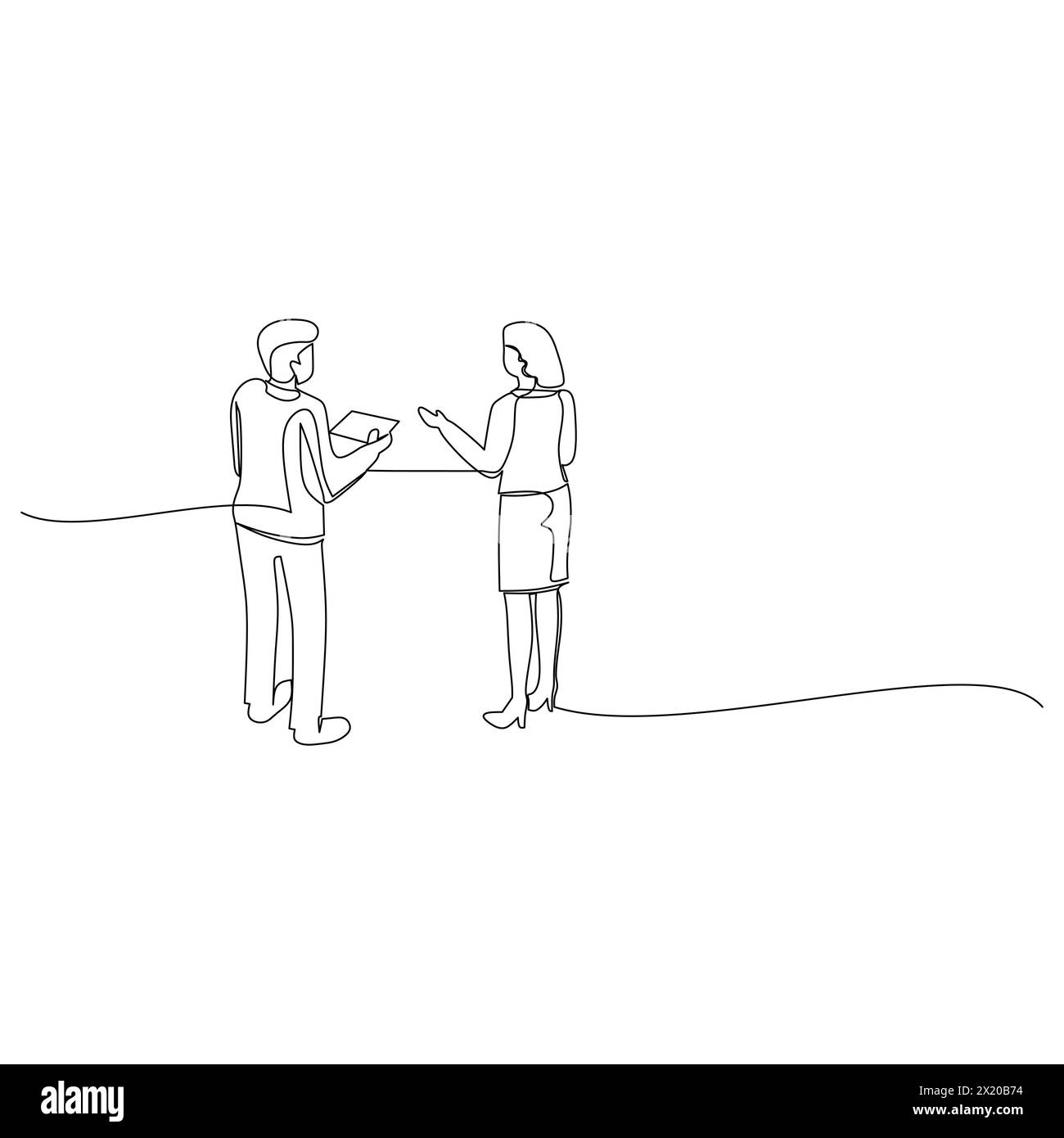 Homme d'affaires et femme d'affaires ayant une conversation d'affaires. Communication efficace dans le concept d'entreprise. Illustration simple de dessin au trait continu Illustration de Vecteur