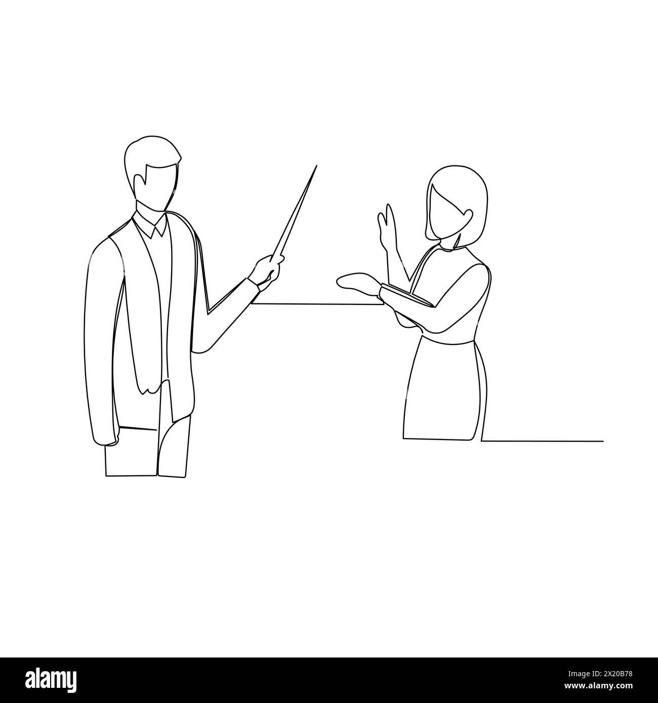 Homme d'affaires présentant à une femme d'affaires à l'aide d'un pointeur de bâton. Communication efficace dans le concept d'entreprise. Vecteur de dessin de ligne continue simple il Illustration de Vecteur