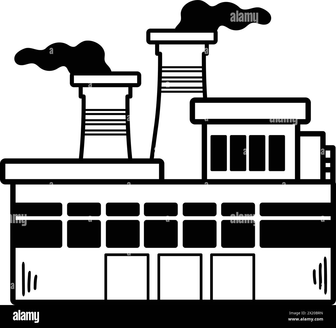 Une grande usine avec de la fumée sortant du haut. Le bâtiment est noir et blanc Illustration de Vecteur