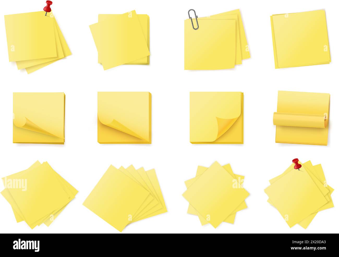 Pile de notes adhésives jaunes. Blocs-notes adhésifs empilés avec coin courbé, trombones et punaises. Notes vides, rappels ou vecteur de messages de bureau Illustration de Vecteur