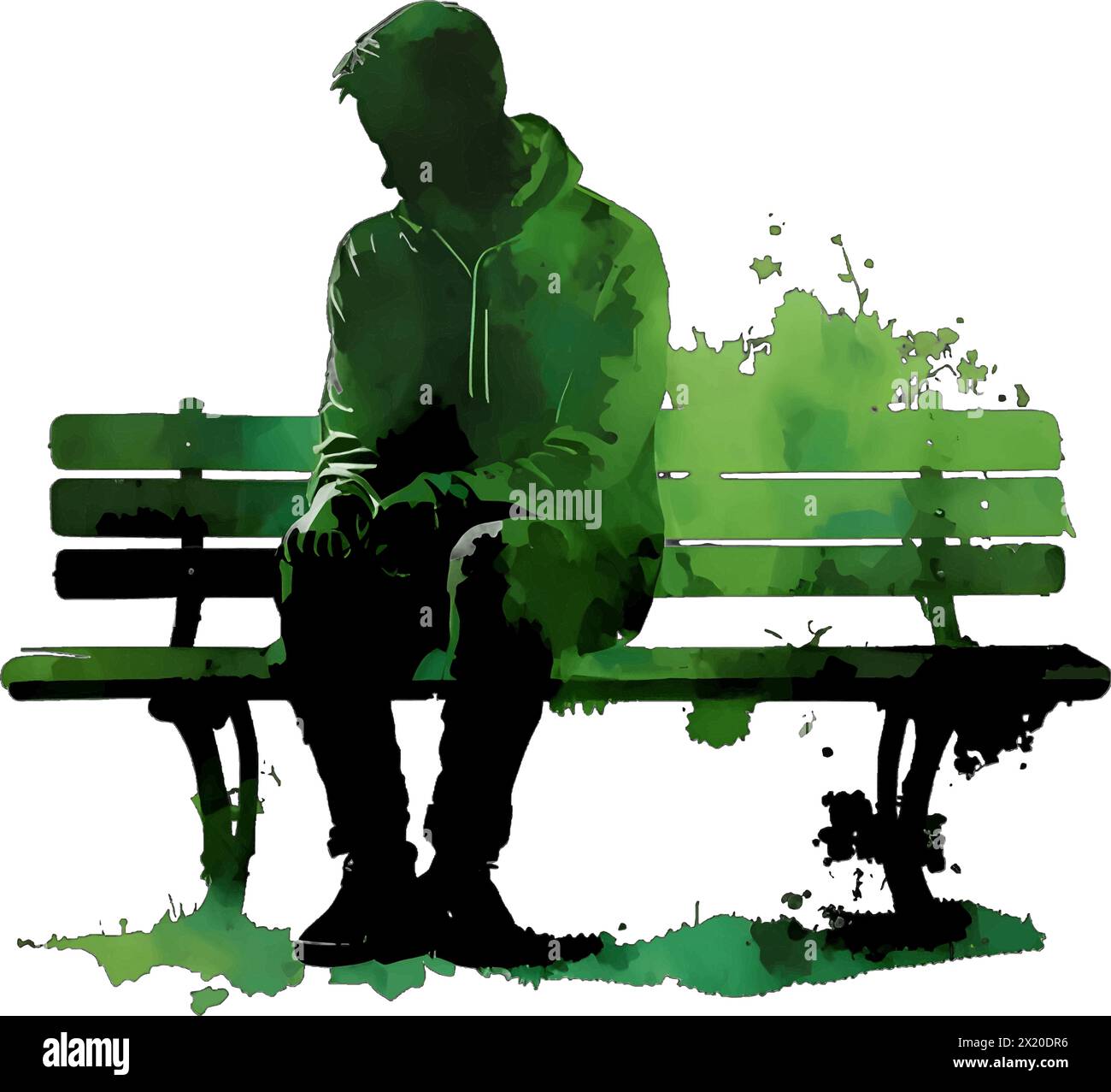 Illustration vectorielle d'un homme sur un banc en silhouette verte sur un fond blanc propre, capturant des formes gracieuses. Illustration de Vecteur
