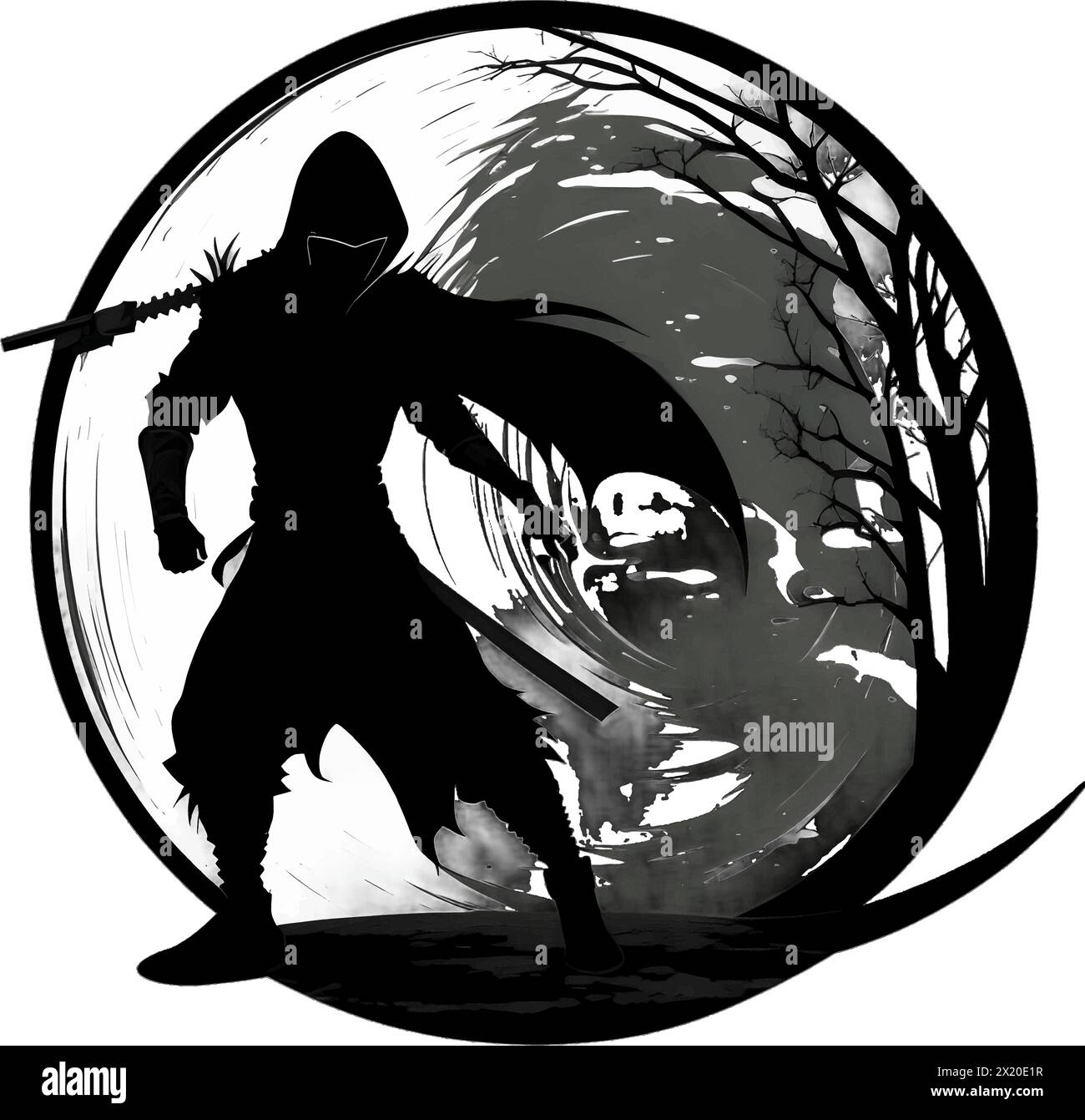 Illustration vectorielle de samouraï dans un cercle en silhouette noire sur un fond blanc propre, capturant des formes gracieuses. Illustration de Vecteur