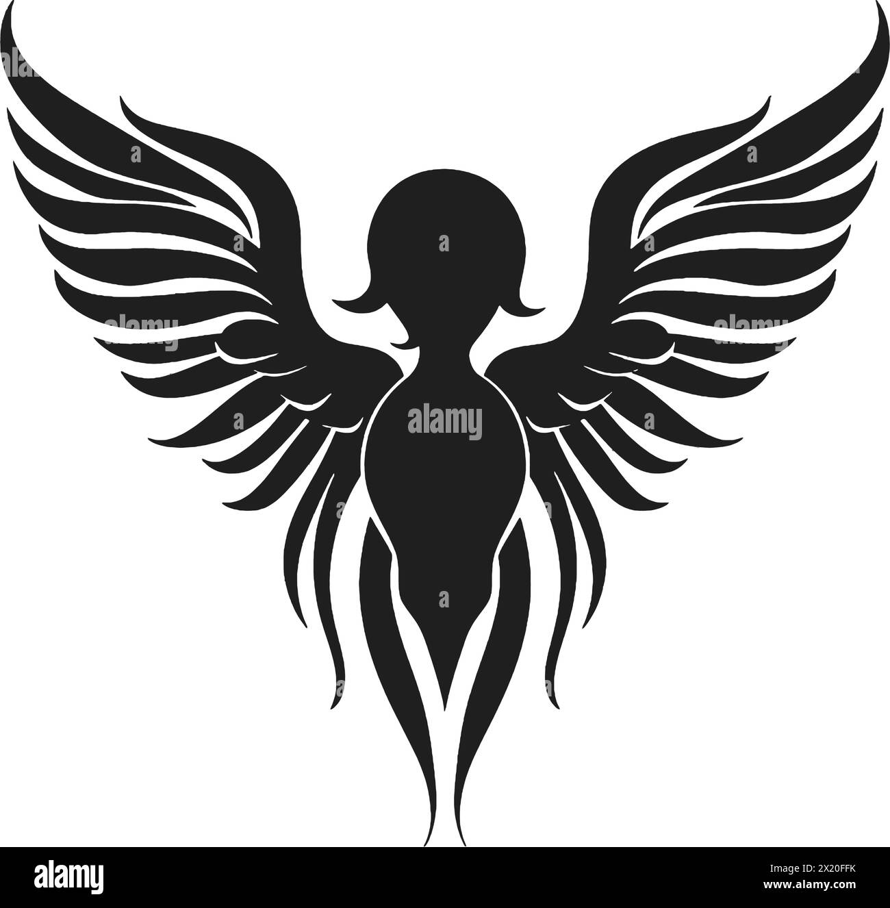 Illustration vectorielle d'un tatouage d'ange en silhouette noire sur un fond blanc propre, capturant des formes gracieuses. Illustration de Vecteur