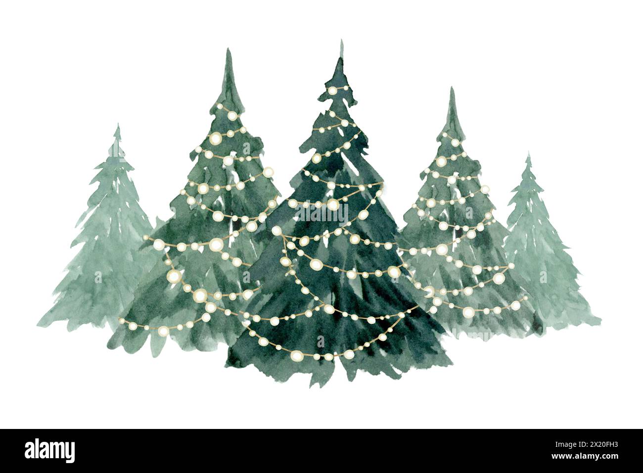 Arbres de Noël décorés de guirlandes lumineuses dans une illustration aquarelle de rangée. Forêt de sapins d'épicéa d'hiver Banque D'Images