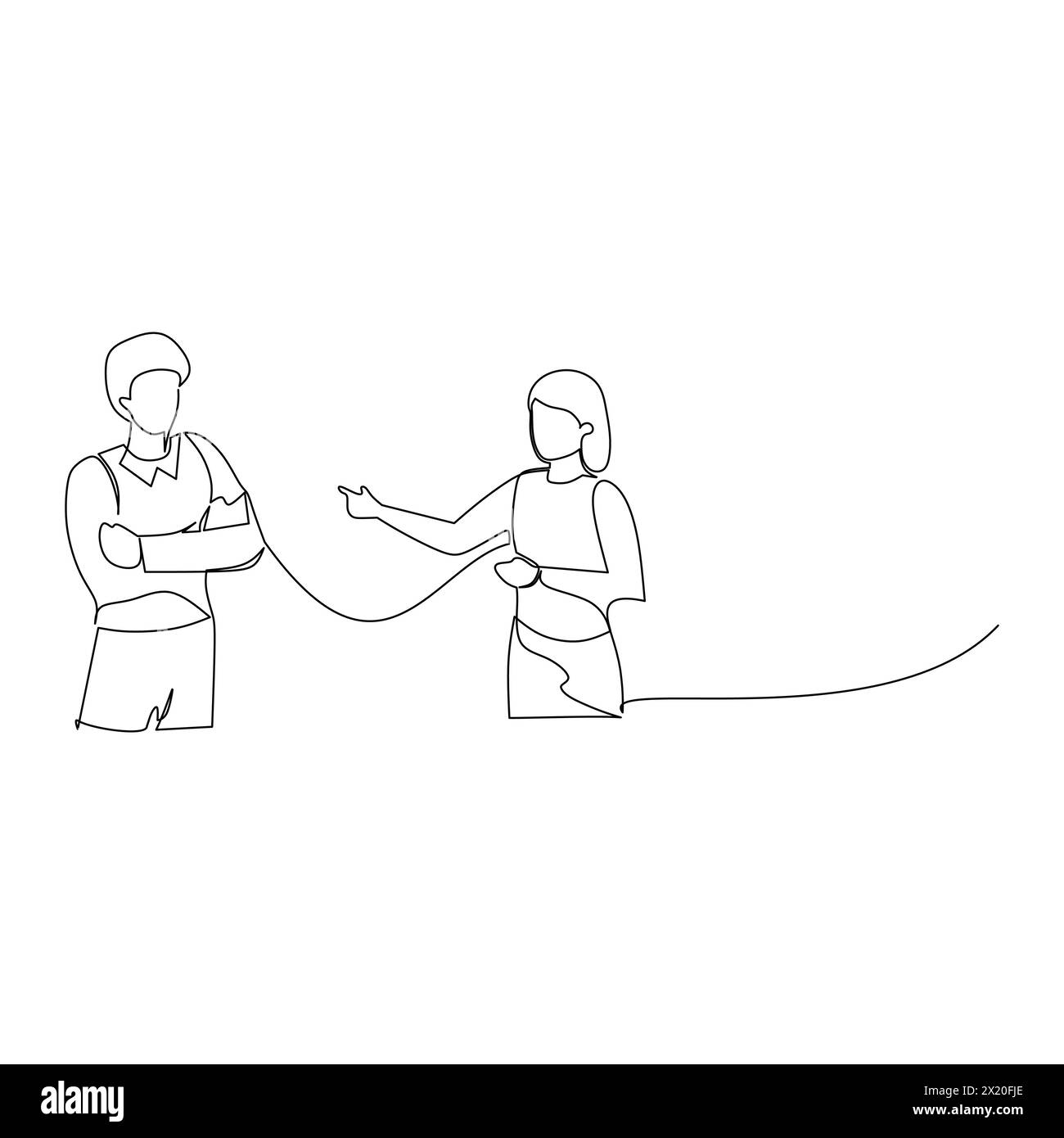 Homme d'affaires et femme d'affaires ayant une discussion d'affaires. Communication efficace dans le concept d'entreprise. Vecteur de dessin de ligne continue simple illustr Illustration de Vecteur