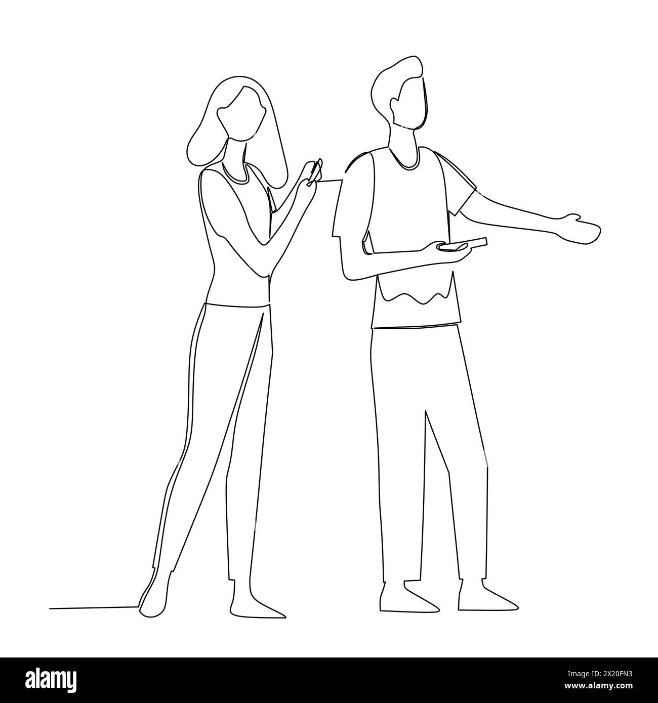 Homme d'affaires et femme d'affaires ayant une conversation d'affaires. Communication efficace dans le concept d'entreprise. Vecteur simple de dessin de ligne continue illus Illustration de Vecteur
