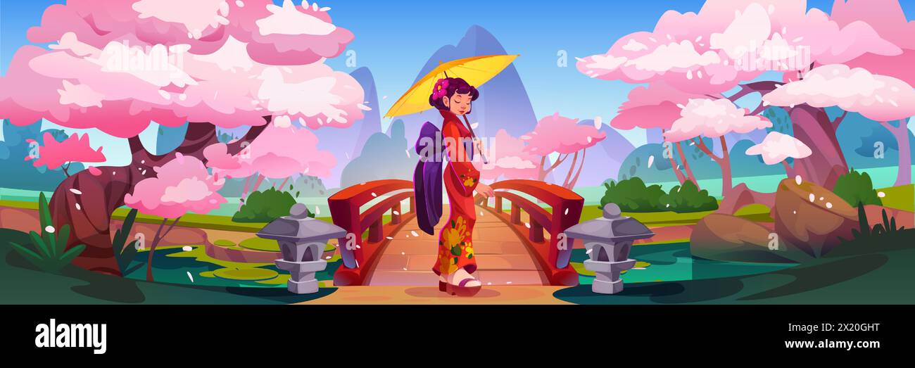 Jardin forestier de printemps du Japon avec arbre rose et étang. Femme japonaise en kimono et paysage de montagne extérieur avec cerise asiatique ou dessin de sakura. Geisha fille en costume debout sur le paysage de pont Illustration de Vecteur