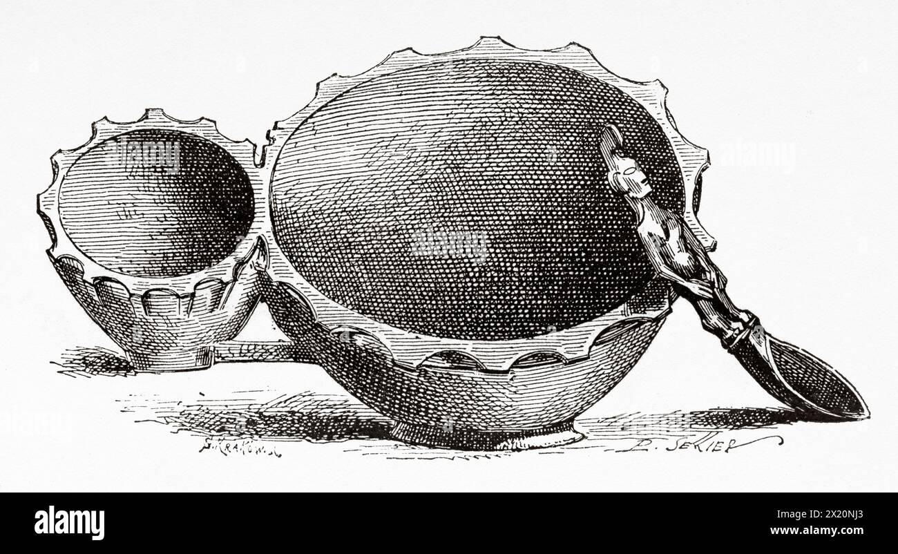 Double assiette et cuillère traditionnelle en bois du peuple Igorot, île de Luzon, Philippines, Asie du Sud. Dessin de P. Sellier. Luzon et Palawan, six ans de voyage aux Philippines par Alfred Marche (1844-1898) le Tour du monde 1886 Banque D'Images
