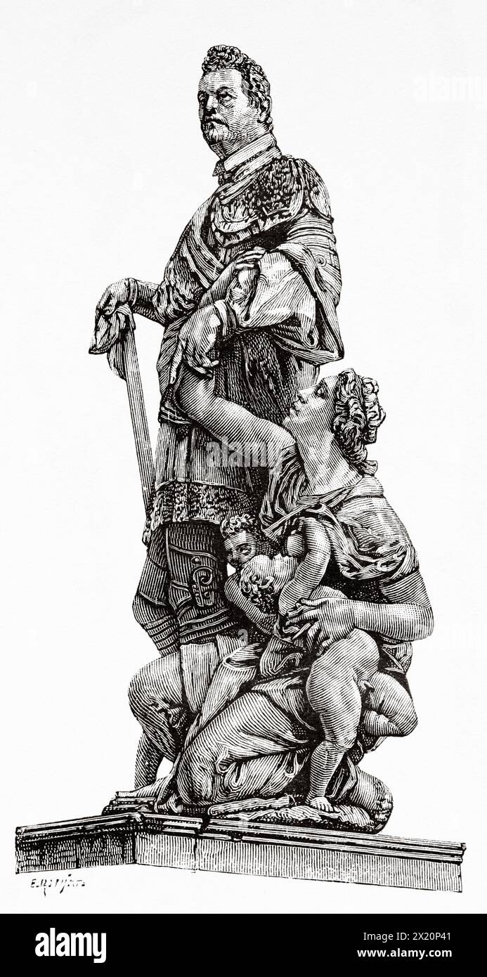 Sculpture de Ferdinand Ier (1551-1609) Grand-Duc de Toscane, Pise. Toscane, Italie. Europe. Dessin d'Eugene Ronjat (1822 - 1912) voyage à travers la Toscane 1881 par Eugene Muntz (1845 - 1902) le Tour du monde 1886 Banque D'Images