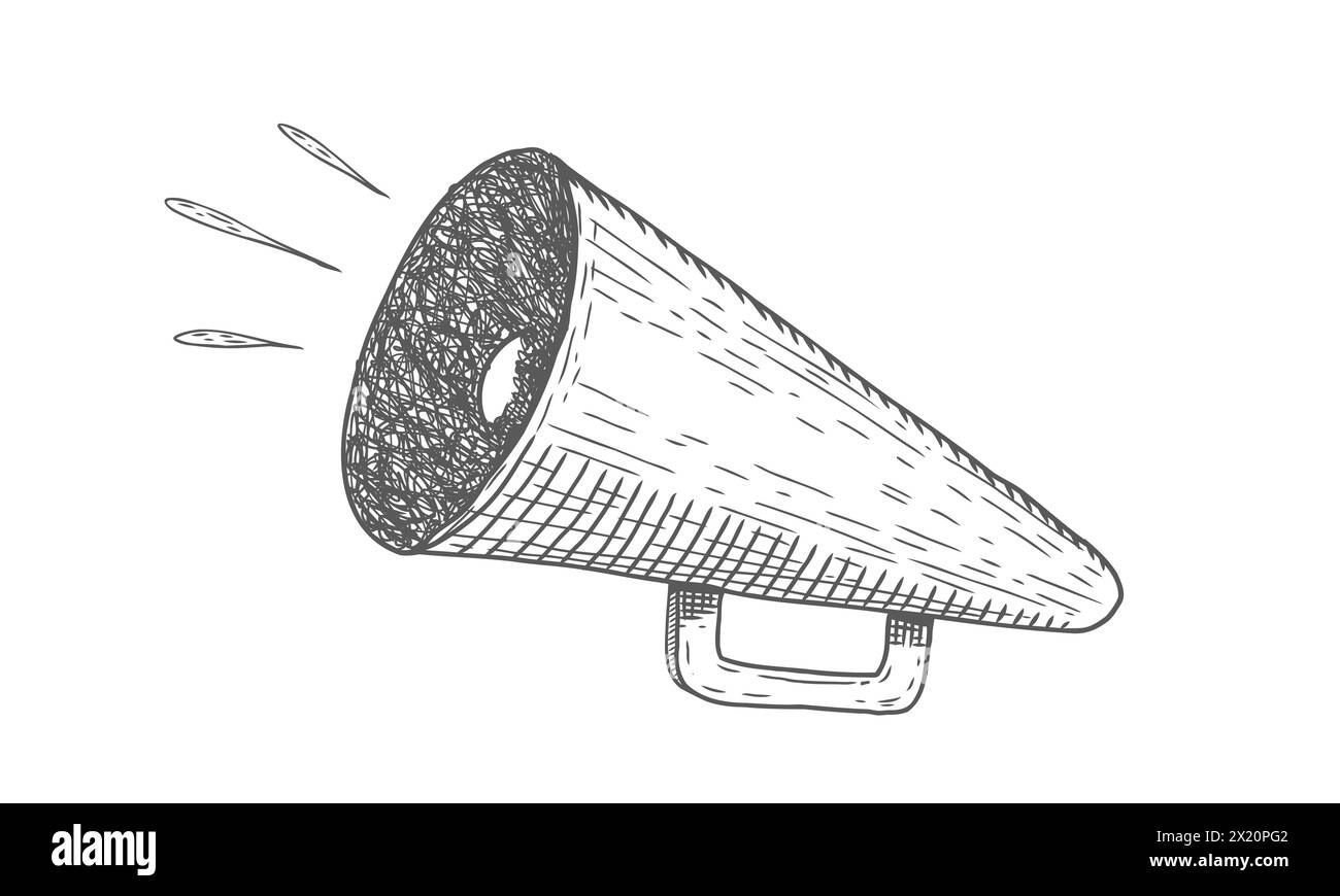 Icône vectorielle de mégaphone vintage pour faux, nouvelles de dernière minute ou vente. Vecteur rétro mégaphone dans le style doodle sur fond blanc. Illustration de Vecteur