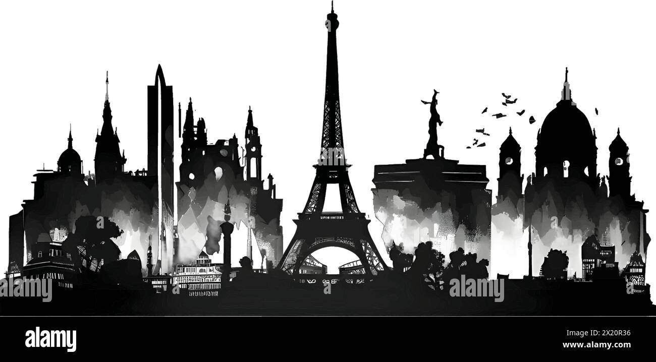 Illustration vectorielle de Paris en silhouette noire sur fond blanc et net, capturant des formes élégantes. Illustration de Vecteur